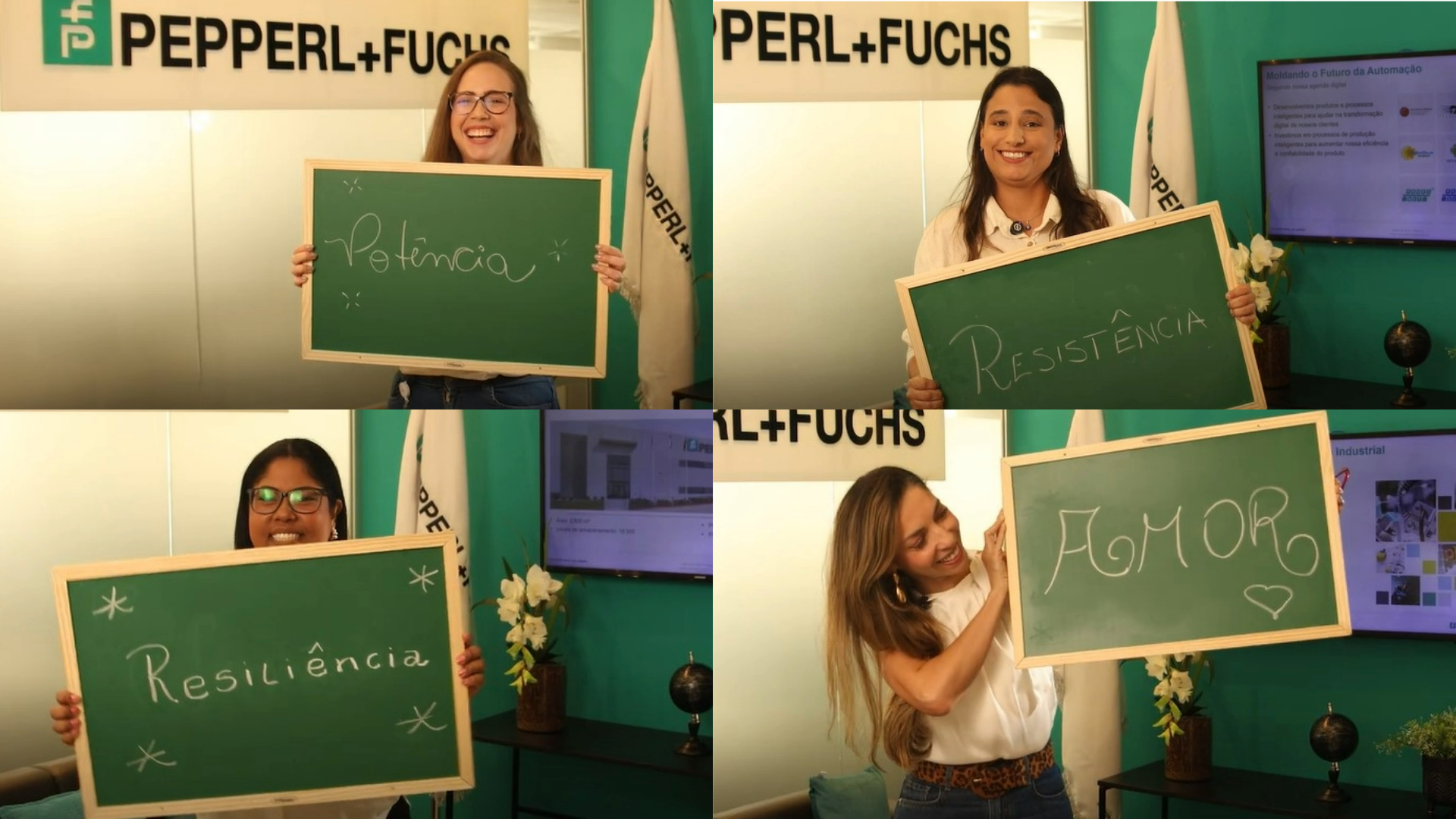 Screenshots from the video of our Brazilian colleagues for International Women's Day. Four women are shown, each holding a sign with various words such as "Amor," "Potencia," "Resistencia," and "Resiliencia."