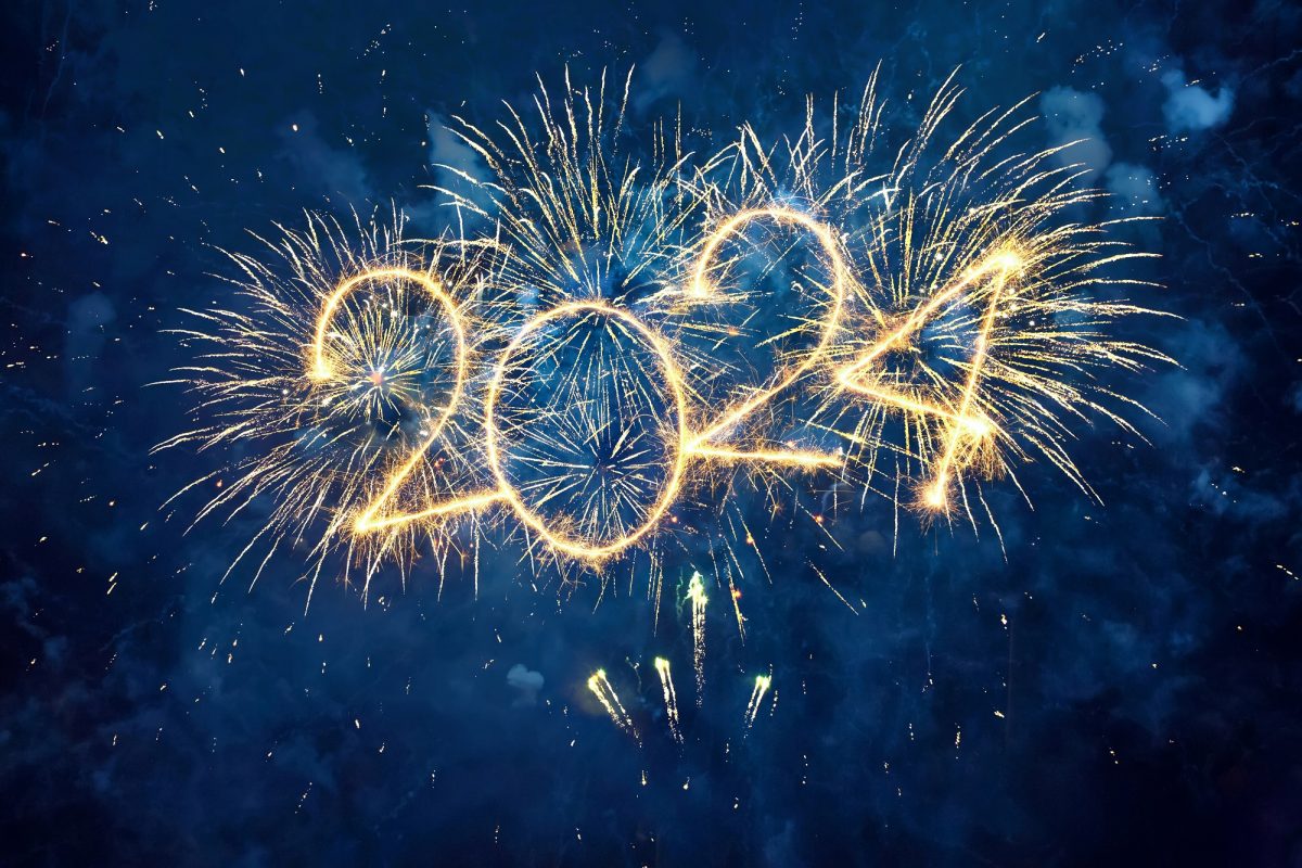 Happy New Year! A fireworks display with the number "2024" in the night sky.