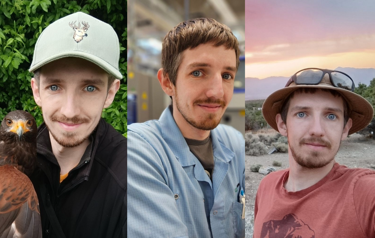 A collage of three images depicting shift supervisor Petr in different life situations. The one on the left shows him with a falcon, the one in the middle shows him at work, and the one on the right shows him standing in nature, with a sunset behind him.