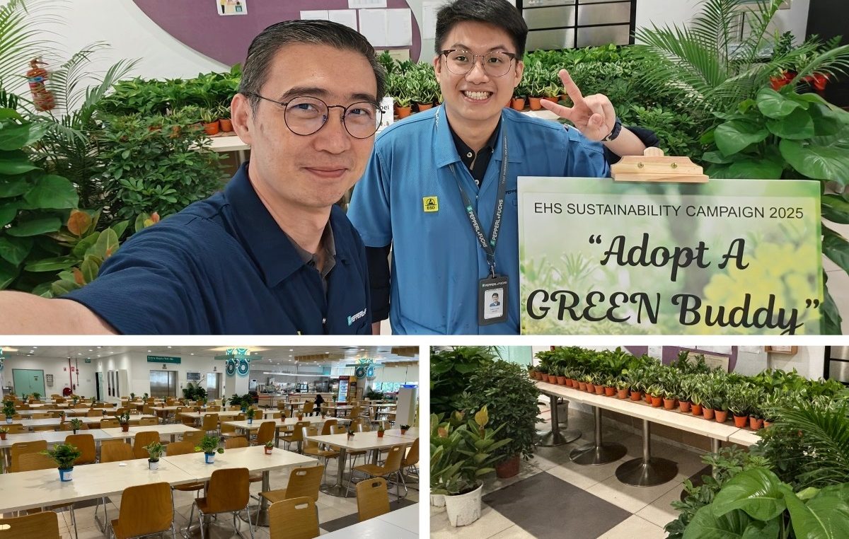 Well-being at the workplace is promoted through the "Adopt a Green Buddy" campaign at the Pepperl+Fuchs site in Singapore. This image shows a collage of three images. Above, two employees are taking a selfie and smiling at the camera. They are standing next to a sign that reads "Adopt a Green Buddy." They are surrounded by many green plants. Below left, you can see a cafeteria with many tables and chairs, each with small plants on it. Below right, you can see several rows of potted plants arranged on a long table. Taller potted plants are placed next to them.