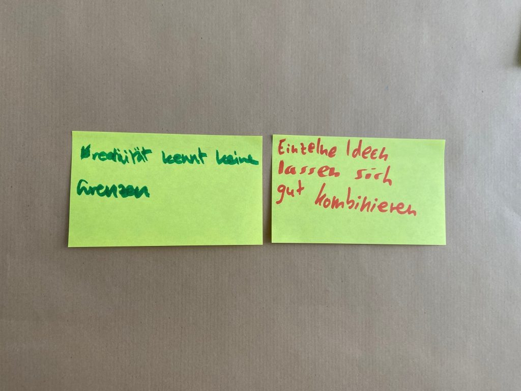 Workshop on environmental protection and sustainability at Pepperl+Fuchs: Two Post-it notes are shown side by side. The one on the left reads: Creativity knows no bounds. The one on the right reads: Individual ideas can be easily combined.